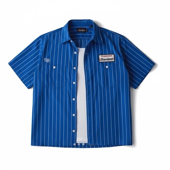 NWT Urban Outfitters BDG Garage Mechanic Shirt Blue Men’s L Stripe Retro Casual - Picture 6 of 6